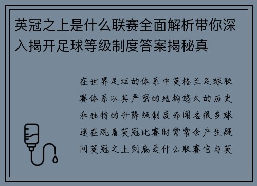 英冠之上是什么联赛全面解析带你深入揭开足球等级制度答案揭秘真 英冠之上是什么联赛全面解析带你深入揭开足球等级制度答案揭秘真